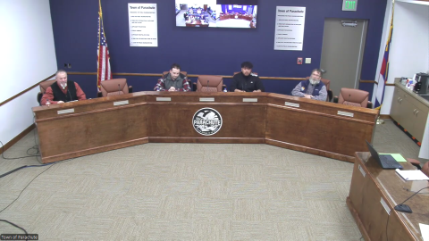 (Left to right) Mayoral candidates Tom Rugaard and Levi Williamson, along with town council candidates Artemio Baltazar Jr. and David Blair, participate in a candidate forum at the The Colorado River Valley Chamber of Commerce on March 10, 2026.