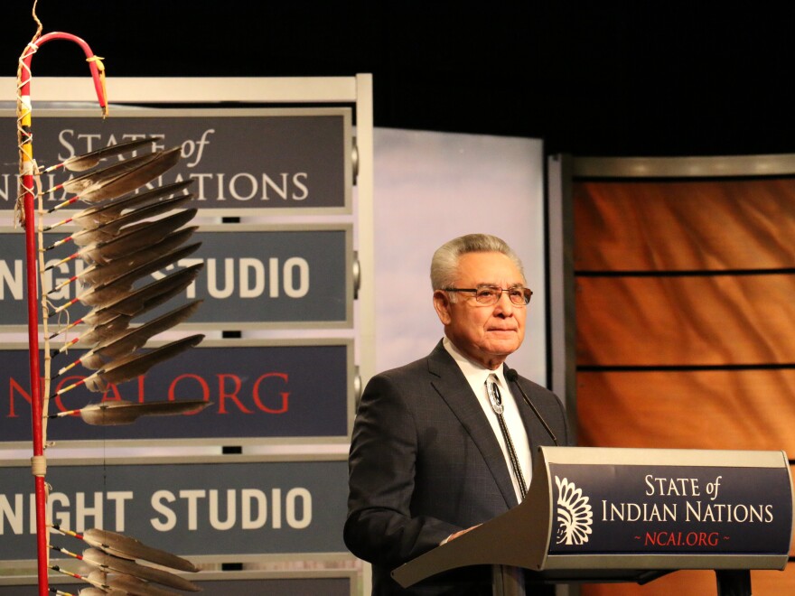 President Jefferson Keel of the National Congress of American Indians gives the annual State of the Indian Nations address at the Newseum in Washington, D.C., on Feb. 12.