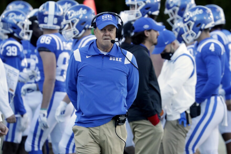 Duke head coach David Cutcliffe walks the sidelines during the second half of an NCAA college football game against Miami, Saturday, Nov. 27, 2021, in Durham, N.C.