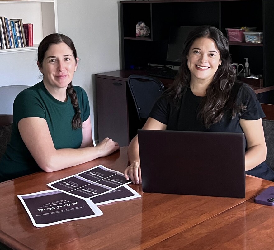 Kat and Elisiana working on publicity for their upcoming production of Natural Shocks