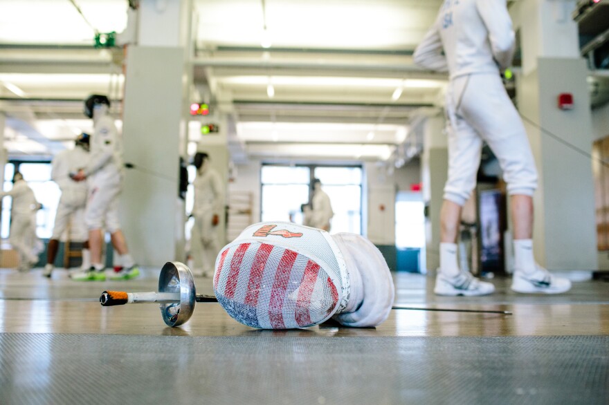 Pryor's mask and foil lay on the floor during training at the Fencer's Club in New York City on June 17.