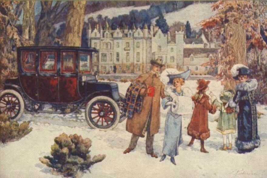 An illustration titled "The Joys of the Free Highway" by G. Wright from 1907. It depicts a family next to an early automobile in a snowy landscape with a large building in the background. 