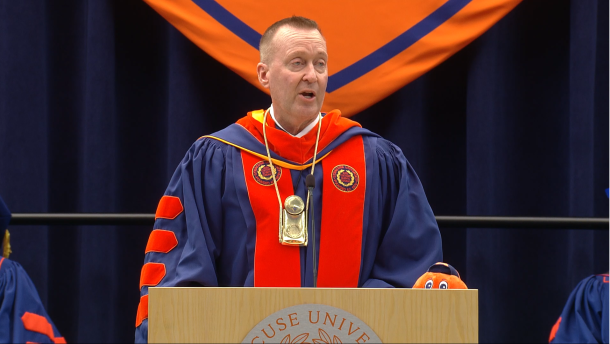 SU Chancellor delivers remarks at his investiture ceremony Friday in the JMA Wireless Dome.