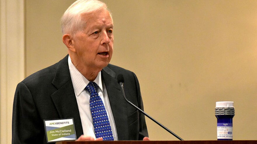 Jim McClelland, executive director for drug prevention, treatment and enforcement, delivers the keynote address at an event discussing opioids in the workplace.