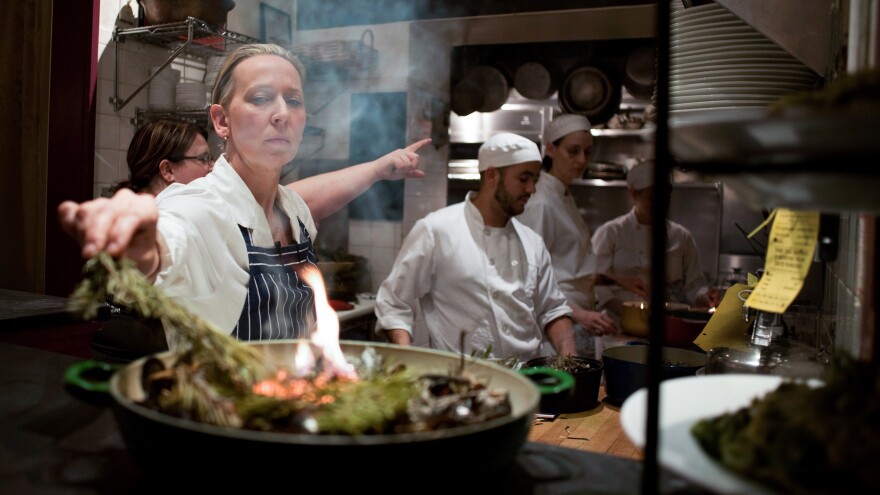 Gabrielle Hamilton prepares pine needles at Prune Restaurant in New York City.