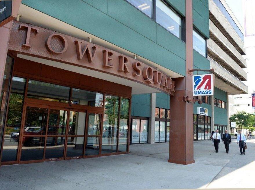 A sign outfront of Tower Square for the University of Massachusetts Center location at 1500 Main Street.