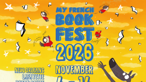 Cartoon image of New Orleans, Lafayette, and Baton Rouge - My French Book Fest 2026- November 4th through 14th.