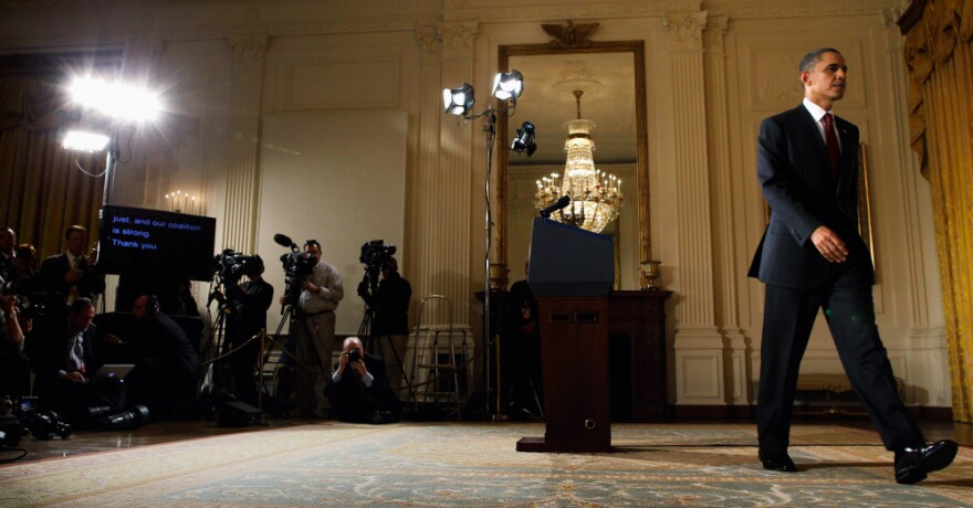 U.S. President Barack Obama leaving the East Room of the White House after delivering a statement about Libya on. After the UN authorized a no-fly zone over Libya, the U.S. and allied forces launched attacks on Gadhafi forces.