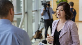 Tulsa City Councilor Laura Bellis speaks to the media after a regular city council meeting on Wednesday, Sept. 16, 2026, where an eviction prevention program passed unanimously.