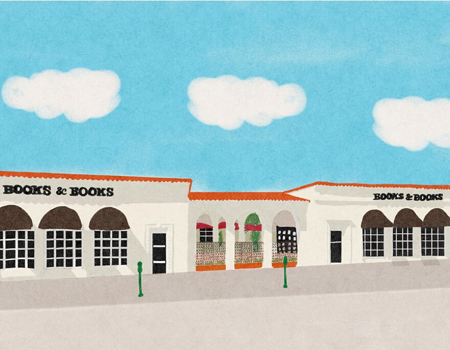 Illustration of the outside of Books & Books in Coral Gables, by Miami artist Melissa Gutierrez. She displays her work online, on the popular Instagram page 'Westofchester.'