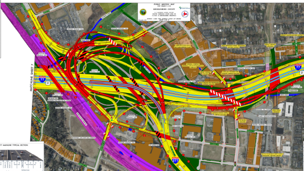 The North Carolina Department of Transportation is planning to widen I-77 from uptown to the South Carolina line. This is the proposed new interchange of I-77 and the Belk Freeway.