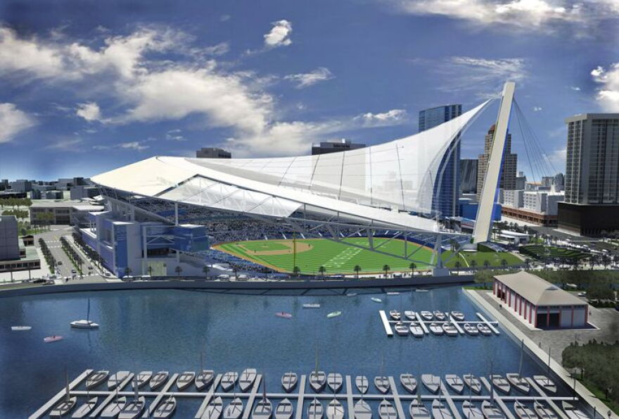 The Rays' new ownership proposes a sail-design covering over a new waterfront ballpark on the Al Lang Stadium site in 2007.