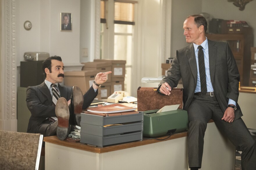 The actors Justin Theroux (left) and Woody Harrelson play G. Gordon Liddy and E. Howard Hunt in the new HBO miniseries <em>White House Plumbers.</em> The show premieres on May 1.