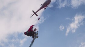 Henry, a border collie with the Canadian Avalanche Rescue Dog Association, flies with his handler over ski slopes in the Canadian Rockies. He is one of six dogs profiled in the IMAX film <em>Superpower Dogs.</em>