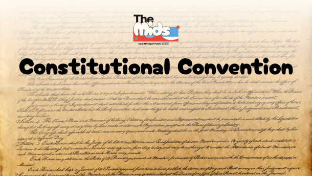 In front of a page from the U.S. Constitution is a light orange gradient background. On the gradient is The Mids logo and the words "Constitutional Convention."
