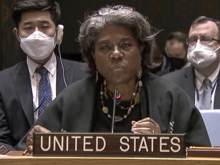 U.S. Ambassador to the United Nations Linda Thomas-Greenfield addresses Wednesday's emergency meeting of the U.N. Security Council on Ukraine to deplore Russia's actions toward the country and plead for diplomacy.