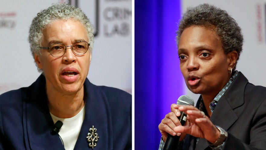 Chicago mayoral candidates Lori Lightfoot (right), who won the election on Tuesday, and Toni Preckwinkle speak during a March 13 forum on crime and violence.