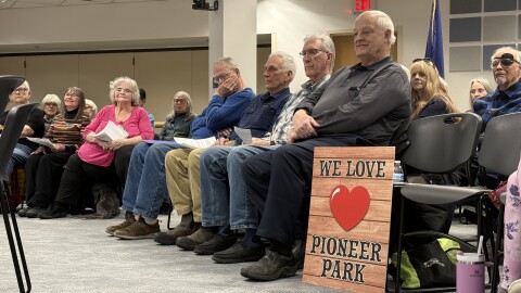 Supporters of Pioneer Park's current name, including members of the Pioneers of Alaska, packed into the Fairbanks North Star Borough Assembly chambers March 16, 2026, to listen to the Borough Parks and Recreation Commission meeting and provide public comment.