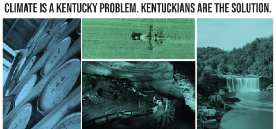 The invitation to the Kentucky Climate Symposium. Four pictures - one of bourbon barrels, one of ducks in a pond, one of a cave, and one of a waterfall, with text over it: "CLIMATE IS A KENTUCKY PROBLEM. KENTUCKIANS ARE THE SOLUTION."