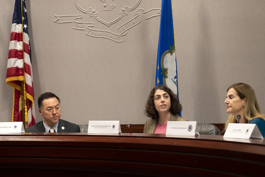 Attorney General William Tong (left) and Lt. Gov. Susan Bysiewicz (right) listen to Assistant Attorney General Alma Nunley, one of the two newly named Special Councils on Reproductive Rights.
Officials and advocates meet in Hartford to discuss Connecticut's position one year after the overturning of Roe v. Wade by the US Supreme Court.