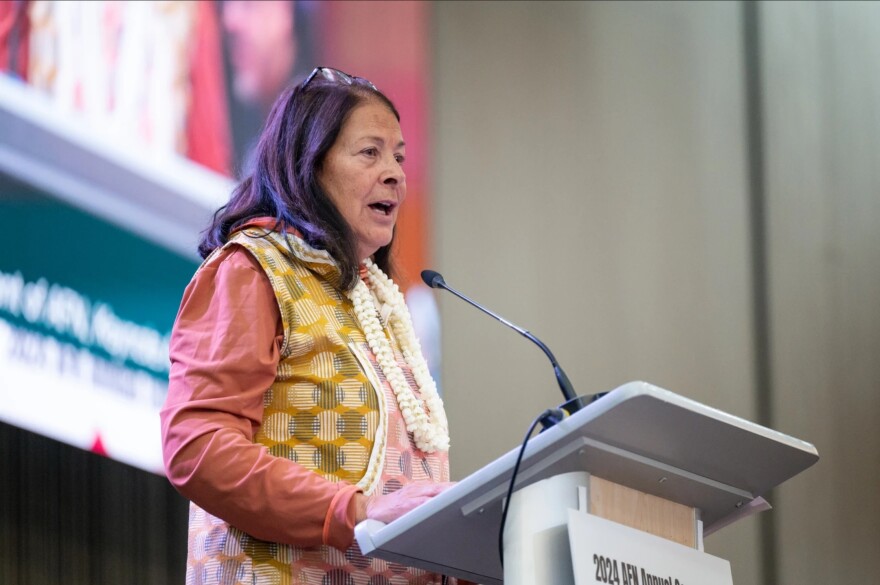 Julie Kitka delivers the keynote address for the 2024 Alaska Federation of Natives convention on Oct. 17, 2024.