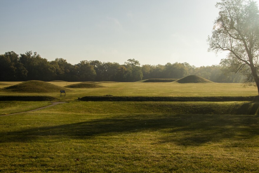 A series of Hopewell mounds in the early morning sunshine.