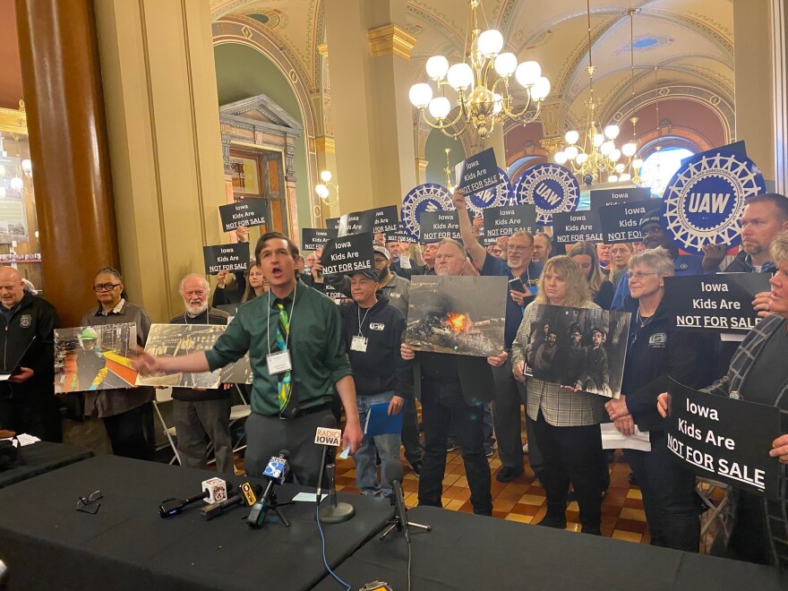 union members protest child labor law changes at the iowa capitol