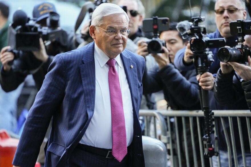 Sen. Bob Menendez, D-N.J., arrives at Manhattan federal court, Monday, Oct. 23, 2023, in New York. Menendez is returning to a New York City federal court to enter a not guilty plea to a conspiracy charge alleging he acted as an agent of the Egyptian government. (AP Photo/Frank Franklin II)