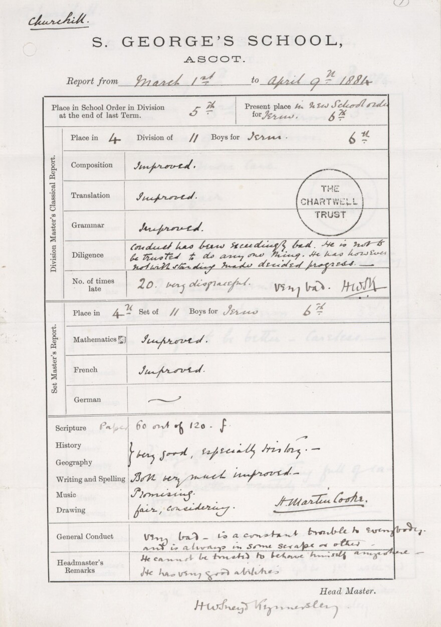 Though he went on to win the Nobel Prize in Literature, Churchill didn't always excel in school. His 1884 school report card states young Winston is "very bad ... a constant trouble to everybody," and unable to be "trusted to behave himself anywhere." <a href="http://media.npr.org/assets/img/2012/07/13/school-report_char-28-044-007_custom.jpg">Click to enlarge.</a>