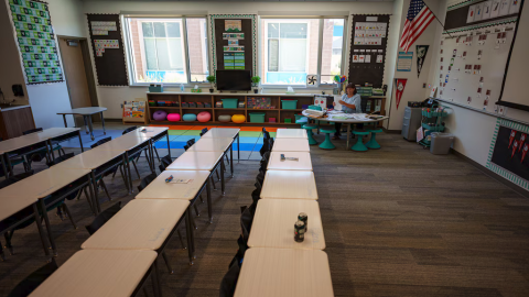 Kindergarten teacher Kristie Koyle preps her room at Glacier Hills Elementary in Sandy on Thursday, Aug. 15, 2024.
