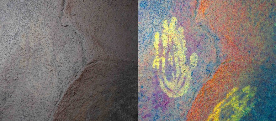 The digital tool called DStretch can draw out pictograph images invisible to the naked eye. Above, what appear as dim pigments on a rock surface at Hueco Tanks State Park are revealed to be stylized handprints, likely applied by a child or adolescent.