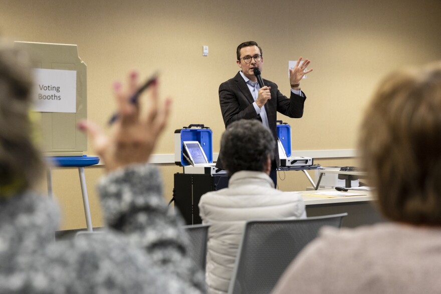 Justin Roebuck conducts poll worker training at the Ottawa County Clerk building in Michigan.