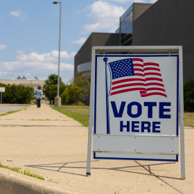 A voter makes her way inside Saginaw United high school to cast her ballot in the Aug. 4, 2026 primary election.