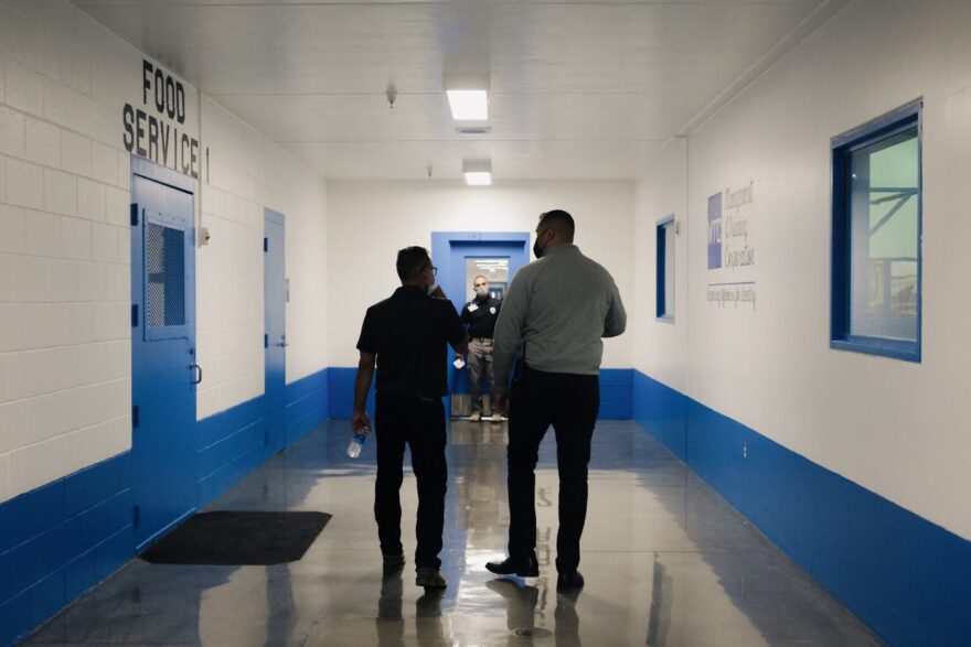 A hallway in the Otero County Processing Center in Chaparral, pictured in 2021. The ACLU of New Mexico alleges a DACA recipient is being held there “indefinitely.” (Photo by Santana Ochoa / Source NM)