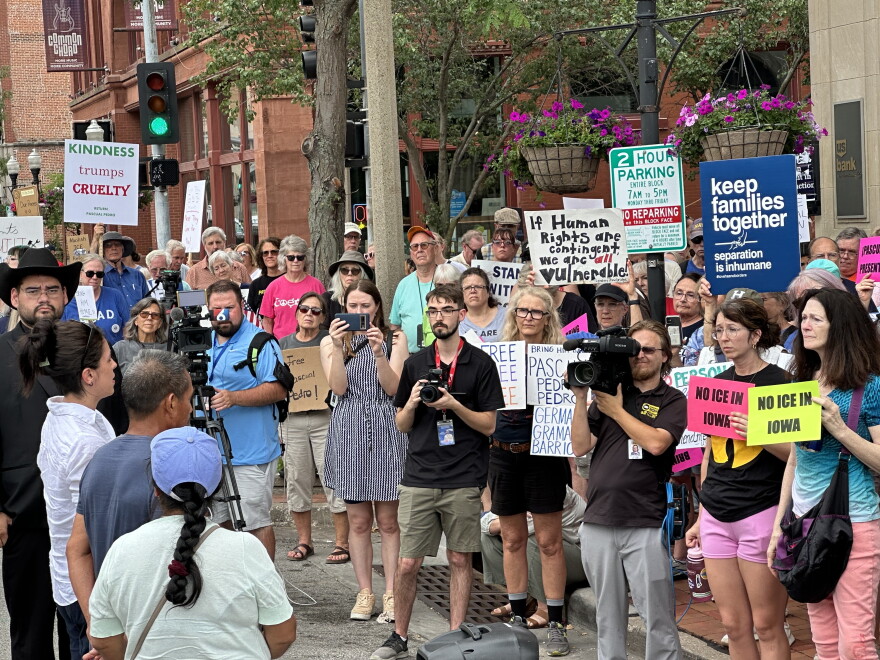 Protesters rally outside the Davenport offices of Congresswoman Mariannette Miller-Meeks and U.S. Senators Joni Ernst and Chuck Grassley. Members of Pedro Pedro's family met with congressional staff, not the representatives, on July 10th.