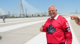 Doug Ford, Premier of Ontario, gives a thumbs up after a Canadian celebration for the opening of Gordie Howe International bridge connecting Detroit and Windsor, Ontario Friday, July 24, 2026, in Windsor.