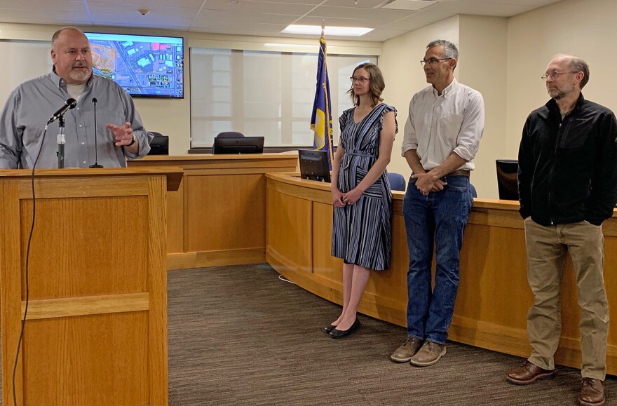 (L-R) Missoula Mayor John Engen, County Commissioner Cola Rowley, County Commissioner Josh Slotnick and County Commissioner Dave Strohmaier during a press conference on affordable housing in Missoula, May 28, 2019.