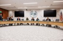 Michigan State University Trustees Rema Vassar, Mike Balow and Brianna Scott, President Kevin Guskiewicz and Trustees Kelly Tebay and Dennis Denno at a meeting of the Board of Trustees in East Lansing, Mich., on Feb. 7, 2025.