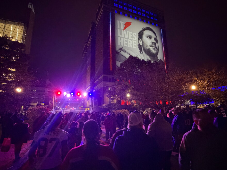 Buffalo Bills light show at the rally in Niagara Square on Thursday evening
