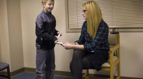 Shaw, 8, plays an improv game with Erin McTiernan, an Indiana State University doctoral student. Shaw is a participant in an improv class at Indiana State University for children with high functioning autism.