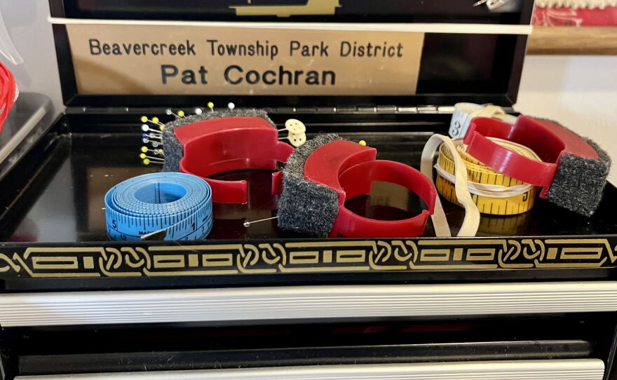 A box in Pat Cochran's craft studio holds her pins. She's been sewing every since she was a kid.