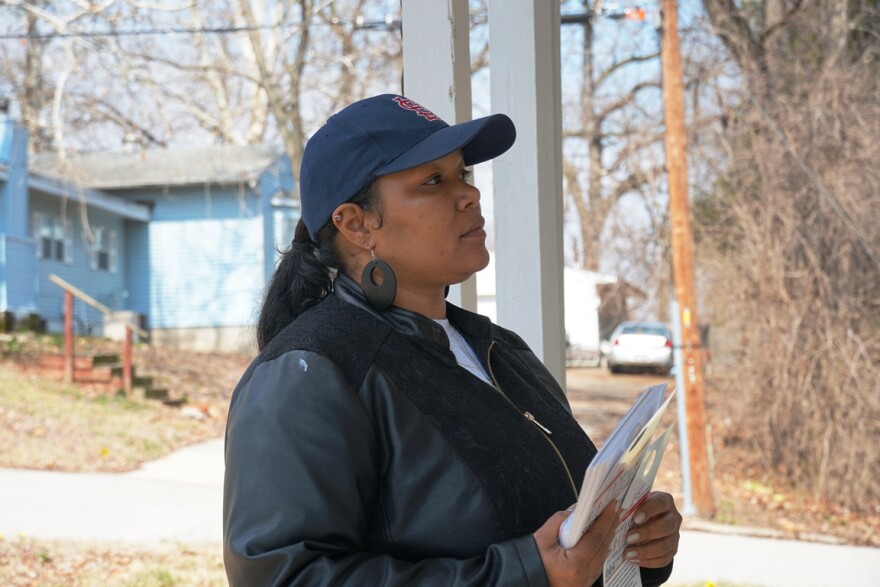 Fran Griffin, a city council candidate for Ferguson's 3rd Ward, campaigns earlier this month.