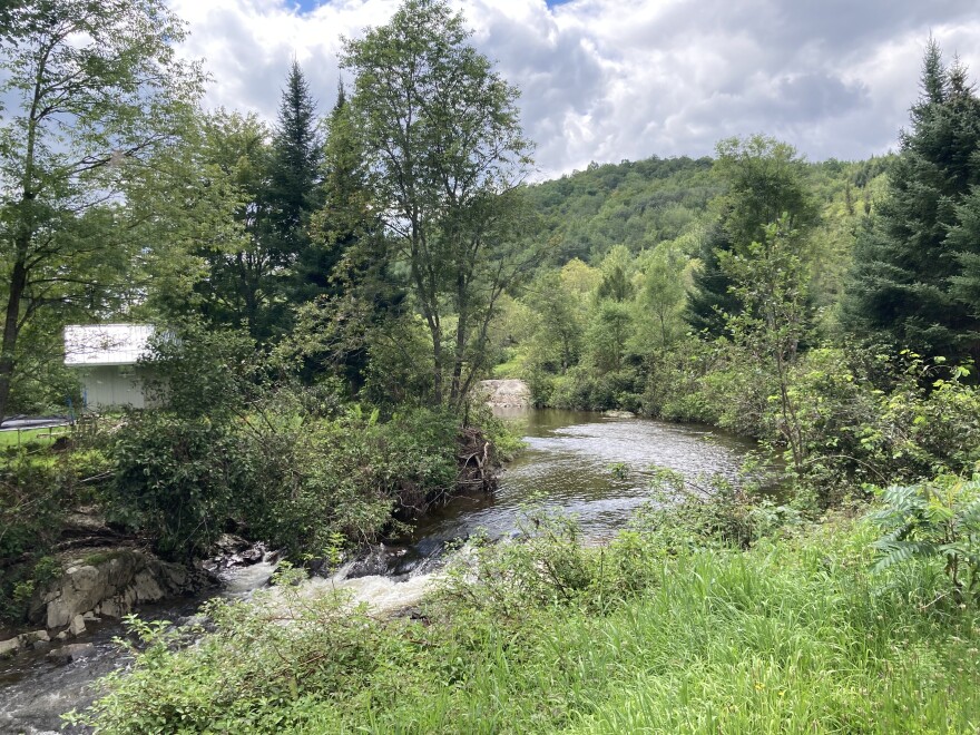 A river runs runs through a grass field