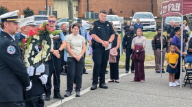 Firefighters carry a wreath at the Roanoke Valley 9/11 memorial ceremony on Sept. 11, 2026.