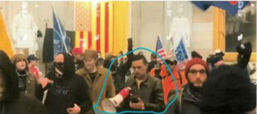 This photo allegedly shows Jeremy K. Baouche at the U.S. Capitol during the Jan. 6 insurrection.
