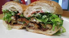A smoky oyster po-boy with smoked cheese and pastrami bacon from Bevi Seafood Co. in New Orleans and Metairie.