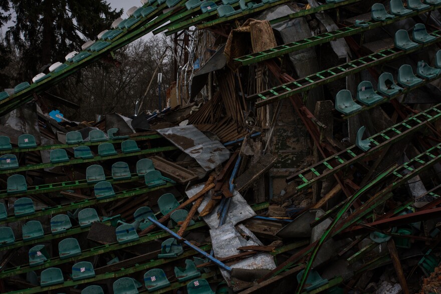 A strike hit the Chernihiv's largest soccer stadium, leaving the stands in a ruin and an eight-foot-deep crater at midfield.