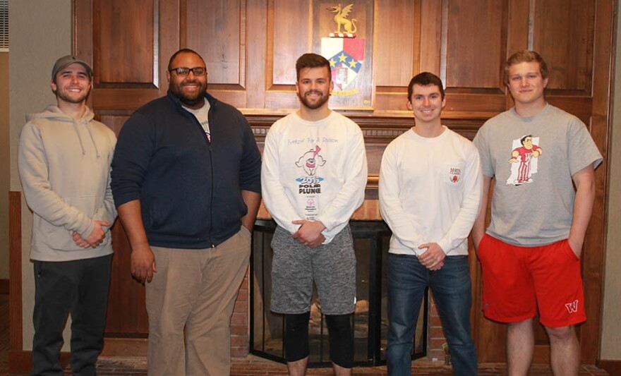 Group of Beta Theta Pi members from Wabash College upon completion of SUSOP’s 8 session programming. Pictured (left to right): Lucas Soliday, Burton Patterson (Rape Prevention Education Coordinator), Michael Krutz, Matthew Fajt, and Jeffrey Inman.