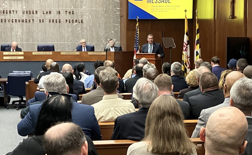 Baltimore County Executive Johnny Olszewski delivers his annual budget message to the County Council. Photo by John Lee/WYPR.