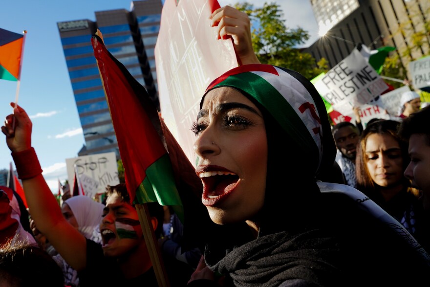 Lamya Abukanan, 23, of Ballwin, participates in a pro-Palestinian rally as tensions and the death toll rise in Israel and the Gaza Strip on Oct. 15 at Kiener Plaza in downtown St. Louis.